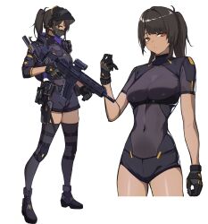 1girl 3_small_spiders ammunition_pouch armor armored_shoes belt belt_pouch black_belt black_gloves black_hair black_jacket black_leotard black_shoes black_shorts black_thighhighs blunt_bangs breastplate breasts covered_erect_nipples cowboy_shot cropped_jacket dark-skinned_female dark_skin faceplate from_side full_body gloves gun handgun highres holding holding_gun holding_weapon holster jacket knee_armor leotard long_hair looking_at_viewer mask medium_breasts mouth_mask multiple_views original parted_lips ponytail pouch purple_jacket rifle scope shoes short_sleeves shorts simple_background single_hair_intake sleeved_leotard sleeves_past_wrists solo swept_bangs tactical_clothes thigh_holster thigh_strap thighhighs two-sided_fabric two-sided_jacket underbust utility_belt weapon white_background yellow_eyes yellow_trim