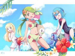 3girls bad_id bad_pixiv_id ball beachball bikini blonde_hair blue_hair bounsweet braid closed_eyes cloud creatures_(company) day flower game_freak gen_1_pokemon gen_7_pokemon goggles goggles_on_head green_eyes green_hair hibiscus lana_(pokemon) lillie_(pokemon) long_hair magikarp mallow_(pokemon) mei_(maysroom) midriff multiple_girls navel nintendo one-piece_swimsuit one_eye_closed open_mouth outdoors partially_submerged plumeria pokemon pokemon_(anime) pokemon_(creature) pokemon_sm_(anime) popplio rowlet short_hair sky starfish staryu swimsuit trial_captain twintails water white_one-piece_swimsuit