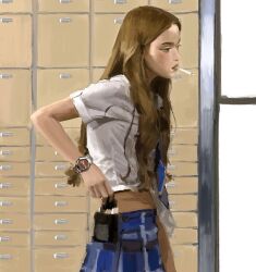 1girl 2025 asian brown_hair cigarette d.e.b.s. devon_aoki dominique_(d.e.b.s.) highres indoors sketch smoking solo standing watch whoisluvme wristwatch