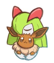 bad_id bad_twitter_id black_eyes brown_fur closed_eyes colored_skin eevee gen_1_pokemon gen_3_pokemon green_hair hair_over_one_eye highres horns hug kirlia maemuki nintendo pokemon pokemon_(creature) sidelocks simple_background smile two-tone_fur white_background white_skin