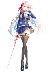 1girl absurdres blue_eyes highres holding holding_sword holding_weapon long_hair necktie simple_background solo sword thighhighs toosaka_asagi weapon white_background white_hair white_thighhighs