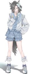ahoge air_shakur_(umamusume) animal_ears black_hair blue_sailor_collar blue_shoes blue_sweater bow bow_legwear bowtie buttoned_cuffs buttons ear_chain ear_ornament eyebrow_piercing face_piercing frilled_shirt_collar frilled_shorts frilled_sleeves frilled_socks frills full_body furawi hair_bow hand_on_own_chin hand_on_own_hip head_tilt highres horse_ears horse_girl horse_tail knees linked_piercing long_hair looking_at_viewer patch piercing puffy_sleeves sailor_collar shadow shaved_eyebrow shoes shorts simple_background sleeve_cuffs socks spiked_hair standing star_(symbol) sweater tail thinking umamusume white_background white_sneakers white_socks