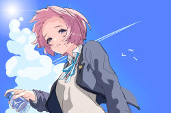 1girl arimura_mao black_jacket blue_sky bottle brown_sweater cloud collared_shirt contrail day from_below gakuen_idolmaster hatsuboshi_gakuen_school_uniform highres holding holding_bottle idolmaster jacket lapels long_sleeves looking_at_viewer neck_ribbon nune_(60569) open_clothes open_jacket pink_hair purple_eyes ribbon school_uniform shirt short_hair simple_bird sky solo sun sweat sweater upper_body