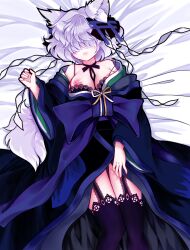 1girl akitsu_nezu animal_ears black_bow black_bra black_ribbon black_thighhighs book_of_star_mythology bow bra commentary english_commentary fox_ears fox_girl fox_tail garter_straps grey_hair hair_over_eyes highres japanese_clothes kimono kitsune layered_kimono long_sleeves nipple_slip nipples off_shoulder on_bed ribbon shide short_hair solo tail thighhighs touhou underwear yuki15775
