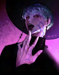 1boy absurdres aqua_hair baby_(kpop_demon_hunters) br1ghtn3ss eyes_visible_through_hair facial_tattoo fingernails gat_(hat) gatkkeun hair_over_eyes hanbok hat highres jewelry korean_clothes korean_traditional_hat kpop_demon_hunters long_fingernails looking_at_viewer male_focus nose open_mouth purple_background ring short_hair simple_background slit_pupils solo tattoo teeth tongue tongue_out upper_body upper_teeth_only yellow_eyes