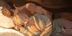 1boy 1girl bandaid bandaid_on_face bandaid_on_nose breasts brown_hair commander_(nikke) goddess_of_victory:_nikke grey_hair hetero hintobento large_breasts long_hair lying male_underwear mori_(nikke) on_bed on_side shirt short_hair sleeping underwear white_shirt