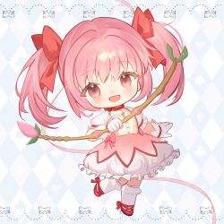 Rule 34 | 1girl, :d, argyle background, blush, bow, bow (weapon), chibi, commentary, dress, dress bow, frilled dress, frilled sleeves, frills, full body, glint, gloves, hair bow, hand up, highres, holding, holding bow (weapon), holding weapon, kaname madoka, kaname madoka (magical girl), kneehighs, long hair, looking at viewer, magical girl, mahou shoujo madoka magica, mahou shoujo madoka magica (anime), ocgiufl4whnc6n9, open mouth, pink bow, pink dress, pink eyes, pink hair, puffy short sleeves, puffy sleeves, red bow, red footwear, short sleeves, simple background, smile, socks, solo, standing, standing on one leg, symbol-only commentary, twintails, two-tone dress, weapon, white dress, white gloves, white socks