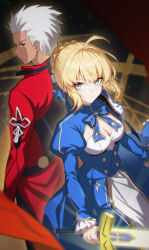 1boy 1girl absurdres archer_(fate) artoria_pendragon_(fate) blonde_hair blue_dress breasts brown_eyes cleavage dark-skinned_male dark_skin dress excalibur_(fate/stay_night) fate/stay_night fate_(series) highres holding holding_sword holding_weapon long_hair long_sleeves ribbon saber_(fate) shali short_hair sword weapon white_hair