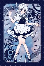 Rule 34 | 1girl, apron, blue background, blue eyes, blue shoes, blue skirt, blue vest, bow, braid, closed mouth, collared shirt, commentary, danmaku, full body, gears, green bow, green ribbon, grey hair, hair bow, highres, holding, holding knife, holding pocket watch, izayoi sakuya, knife, long hair, looking at viewer, maid, maid headdress, mozukuzu (manukedori), neck ribbon, pocket watch, puffy short sleeves, puffy sleeves, ribbon, shirt, shoes, short sleeves, side braids, skirt, smile, socks, solo, standing, thigh strap, throwing knife, touhou, twitter username, vest, waist apron, watch, weapon, white apron, white shirt, white socks, wrist cuffs