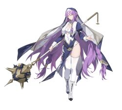 1girl alpha_transparency boots braid breast_curtains breasts cleavage cleavage_cutout clothing_cutout counter:side diamond_cutout earrings eye_symbol floating_clothes full_body high_heels holding holding_mace holding_weapon jewelry juliet_sleeves legs long_hair long_sleeves long_veil looking_at_viewer lucia_ridge mace nun official_art puffy_sleeves purple_hair simple_background single_sidelock smile solo spiked_mace spikes tachi-e thighhighs transparent_background very_long_hair weapon white_boots white_thighhighs yellow_eyes