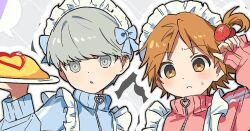 Rule 34 | 2boys, alternate costume, apron, blush, brown hair, crossdressing, food, food-themed hair ornament, grey hair, hair ornament, hanamura yousuke, maid apron, maid headdress, multiple boys, narukami yu, nt 26, omelet, omurice, persona, persona 4, strawberry hair ornament