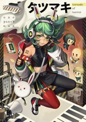 2boys 2girls alternate_costume arm_tattoo asymmetrical_legwear bag black_thighhighs bunny_handbag chibi english_text fingerless_gloves flat_chest fubuki_(one-punch_man) full_body genos gloves green_eyes green_hair handbag headphones jacket light_blush multiple_boys multiple_girls navel one-punch_man red_thighhighs saitama_(one-punch_man) shoes skirt smile tatsumaki tattoo thighhighs