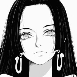 Rule 34 | 1girl, black hair, boa hancock, chinese commentary, closed mouth, commentary request, earrings, greyscale, highres, jewelry, long hair, looking at viewer, mofanxxx (momomomomo), monochrome, one piece, portrait, simple background, snake earrings, solo, white background