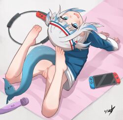 1girl absurdres anus arched_back artist_name ass bare_legs barefoot blue_eyes blue_hair blue_shirt blush boppin bottomless eyelashes feet feet_up from_above full_body gawr_gura grey_background grey_hair hair_ornament headband highres hitachi_magic_wand hololive hololive_english legs loli long_sleeves looking_at_viewer lying medium_hair multicolored_hair nintendo_switch on_stomach open_mouth paid_reward_available patterned_background pussy ring_fit_adventure sex_toy shadow shark_girl sharp_teeth shirt signature sleeves_past_wrists solo streaked_hair teeth toenails toes two_side_up uncensored vibrator virtual_youtuber wide_sleeves yoga_mat