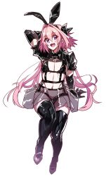 1boy animal_ears arm_behind_head arm_support astolfo_(fate) astolfo_(saber)_(fate) bikini black_bikini black_bow black_bowtie black_gloves black_thighhighs blush bow bowtie fake_animal_ears fang fate/apocrypha fate/grand_order fate_(series) full_body gloves hair_between_eyes hair_bow hair_intakes haoro high-waist_skirt highres latex linea_alba lingerie long_hair low_twintails male_focus mary_janes multicolored_hair navel open_mouth pink_hair purple_eyes rabbit_ears see-through_clothes see-through_skirt shoes sitting skin_fang skirt smile solo streaked_hair swimsuit thighhighs translucent trap twintails two-tone_hair underwear very_long_hair white_background white_hair