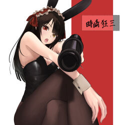 1girl black_hair date_a_live gun heterochromia long_hair maid_headdress pantyhose rabbit_ears rabbit_tail red_eyes solo tokisaki_kurumi weapon