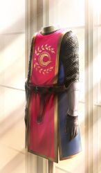 Rule 34 | arm guards, armor, belt, binsuke, black gloves, brown belt, chainmail, chaldea logo, clothes focus, commentary, fate/grand order, fate (series), gloves, indoors, light particles, light rays, mannequin, no humans, official art, still life, surcoat, third-party source, unworn clothes, window