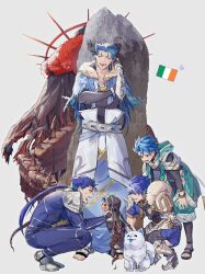 6+boys absurdres armor basashi_(1092aru) blue_hair bodysuit braid braided_ponytail cape capelet clochafarmore cu_chulainn_(caster)_(fate) cu_chulainn_(fate) cu_chulainn_(fate/prototype) cu_chulainn_(fate/stay_night) cu_chulainn_alter_(fate) dog earrings fate/grand_order fate_(series) full_body fur_trim grey_background hair_tubes highres hood irish_flag jewelry long_hair male_focus menhir mini_cu-chan_(fate) multiple_boys pants ponytail red_eyes setanta_(fate) shirt shoes simple_background single_braid single_hair_tube smile squatting standing tail