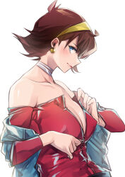 Rule 34 | 1girl, bare shoulders, blue eyes, blush, breasts, brown hair, choker, cleavage, collarbone, earrings, female focus, g gundam, gundam, highres, jacket, jewelry, large breasts, lipstick, looking at viewer, looking to the side, makeup, medium hair, rain mikamura, simple background, unzipping, white background, yukibuster z