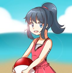 1girl artist_request ball bare_shoulders beach beachball blue_eyes blue_hair blush cloud collarbone dawn_(pokemon) female_focus holding lens_flare long_hair matching_hair/eyes nintendo ocean open_mouth pokemon pokemon:_arceus_and_the_jewel_of_life pokemon_(anime) pokemon_dppt_(anime) ponytail red_shirt red_skirt sand shirt skirt sky smile solo swimsuit tank_top water