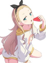 1girl :o black_bow black_hairband blonde_hair blue_eyes blush bow collarbone commentary_request eyelashes food foot_out_of_frame forehead fruit hair_bow hairband hand_up highres holding holding_food holding_fruit hood hoodie kurumi_(lycoris_recoil) long_hair looking_at_viewer lycoris_recoil open_mouth oversized_clothes parted_bangs poteto_furai sidelocks simple_background sitting solo very_long_hair wariza watermelon watermelon_slice white_background white_hoodie