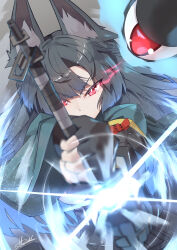 1girl animal_ears black_hair glint glowing glowing_eyes grey_background highres holding holding_sword holding_weapon hoshimi_miyabi katana red_eyes signature strail_cycleman sword upper_body weapon zenless_zone_zero