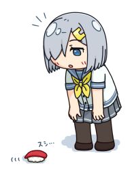 1girl black_pantyhose blue_eyes commentary_request food grey_hair grey_sailor_collar grey_skirt hair_ornament hair_over_one_eye hairclip hama!_(3toshinhmkz) hamakaze_(kancolle) hands_on_own_thighs kantai_collection neckerchief no_nose pantyhose pleated_skirt sailor_collar school_uniform serafuku short_hair simple_background skirt solo sushi white_background yellow_neckerchief