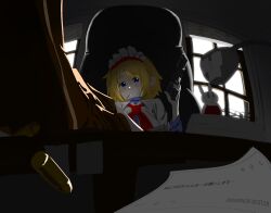 1girl alice_margatroid blonde_hair blue_dress blue_eyes blush_stickers boots brown_boots bullet capelet cigarette closed_mouth collared_capelet commentary_request cookie_(touhou) dress feet_on_table fisheye fluffy_fluffy_rabbit-chan frilled_hairband frills gun hairband handgun highres holding holding_gun holding_weapon indoors long_sleeves looking_at_viewer red_hairband short_hair smile smoking solo stuffed_animal stuffed_rabbit stuffed_toy suzuki_kenichi taisa_(cookie) touhou translation_request weapon white_capelet window