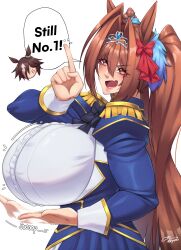 Rule 34 | 2girls, absurdres, animal ears, black bow, black bowtie, bow, bowtie, breasts, brown hair, center frills, commentary, coolpsyco, cowboy shot, daiwa scarlet (umamusume), english commentary, english text, epaulettes, fang, framed breasts, frills, from side, hair intakes, highres, horse ears, horse girl, huge breasts, index finger raised, long hair, motion lines, multicolored hair, multiple girls, notice lines, open mouth, orange eyes, red bow, shirt, short hair, signature, skin fang, speech bubble, tiara, twintails, two-tone hair, umamusume, very long hair, vodka (umamusume), white background, white shirt
