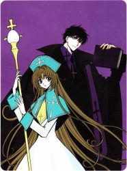 1boy 1girl black_eyes black_hair blue_eyes book breasts brown_hair capelet clamp collared_shirt creator_connection cross crossover dress fushigi_no_kuni_no_miyuki-chan hat heterochromia holding holding_book long_hair long_sleeves looking_at_viewer miyuki-chan miyuki_(fushigi_no_kuni_no_miyuki-chan) necktie official_art one-eyed pale_skin parted_lips purple_background robe sakurazuka_seishirou sakurazukamori_seishirou scepter shirt short_hair simple_background sleeve_cuffs small_breasts staff standing stole very_long_hair wand white_dress x_(manga)