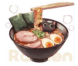 bowl cat chopsticks commentary_request egg food food_focus food_name no_humans noodles original ramen simple_background suzaku_(zaku6584) white_background