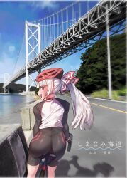 1girl ass bicycle bicycle_helmet bike_jersey bike_shorts black_shorts bow bridge cycling_uniform fujiwara_no_mokou hair_bow helmet highres location_request long_hair photo_background ponytail red_eyes riding riding_bicycle river road senmura shorts smile solo touhou white_hair