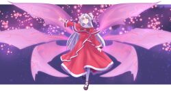 Rule 34 | 1girl, absurdres, black shoes, bow, breasts, capelet, commission, dress, grey eyes, grey hair, hair bobbles, hair ornament, highres, long hair, long sleeves, multiple wings, one side up, open mouth, outstretched hand, pixiv commission, red dress, ribbon, shinki (touhou), shoes, solo, touhou, touhou (pc-98), white hair, wings, yet you