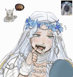 1boy 1girl armor black_cape blue_eyes cape commentary doll_joints elden_ring elden_ring_nightreign emphasis_lines english_commentary finger_in_own_mouth head_wreath helmet highres jewelry johnholl0w joints looking_at_mirror meme_inset mirror missing_tooth open_mouth pointing reference_inset revenant_(elden_ring) ryoumen_sukuna_(jujutsu_kaisen) skull tongue upper_body white_background white_hair winged_helmet wylder_(elden_ring)