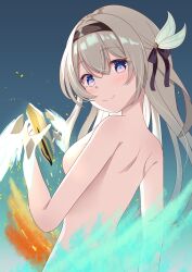 1girl absurdres black_hairband black_ribbon blush closed_mouth fire firefly_(honkai:_star_rail) from_behind gradient_hair green_fire green_pupils grey_hair hair_between_eyes hair_intakes hair_ornament hair_ribbon hairband highres holding honkai:_star_rail honkai_(series) long_hair multicolored_eyes multicolored_hair niwashi_nero nude ribbon smile solo