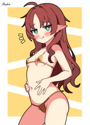 1girl absurdres ahoge arknights artist_name bikini blush breasts bright_pupils closed_mouth cowboy_shot ear_piercing gold_bikini green_eyes hendra highres long_hair looking_at_viewer micro_bikini myrtle_(arknights) navel piercing pointy_ears red_hair simple_background small_breasts solo swimsuit tongue tongue_out white_pupils yellow_background