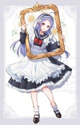 1girl :d ahoge apron black_hairband black_sailor_collar black_serafuku black_shirt black_shoes black_skirt blush bobby_socks border bow commentary_request floral_background flower frilled_apron frilled_hairband frilled_skirt frills grey_border hairband hands_up highres long_hair looking_at_viewer maid nekozuki_yuki open_mouth original picture_frame pleated_skirt purple_hair red_bow red_eyes sailor_collar school_uniform serafuku shirt shoes skirt smile socks solo very_long_hair watermark white_apron white_background white_flower white_socks