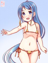 Rule 34 | 1girl, artist logo, bikini, blue eyes, blue hair, cameltoe, commentary request, covered erect nipples, cowboy shot, dated, gold bikini, kanon (kurogane knights), kantai collection, logo, long hair, micro bikini, navel, one-hour drawing challenge, samidare (kancolle), side-tie bikini bottom, solo, standing, swept bangs, swimsuit, very long hair