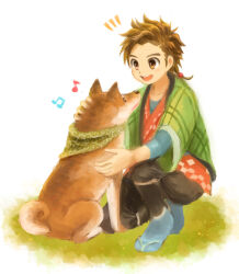 1boy :d bandana bandana_around_neck black_hakama bokujou_monogatari bokujou_monogatari:_mittsu_no_sato_no_taisetsuna_tomodachi brown_eyes brown_hair cocoa_1211 collarbone dog grass green_bandana green_haori green_sash hair_bobbles hair_ornament hakama haori headpat hinata_(bokujou_monogatari) japanese_clothes jinbei_(clothes) karakusa_(pattern) light_blush looking_at_animal male_focus musical_note on_grass on_one_knee open_mouth parted_bangs rattail sandals sash shiba_inu short_hair shout_lines side_part smile solo spiked_hair tabi teeth thick_eyebrows three-quarter_sleeves upper_teeth_only white_background zouri