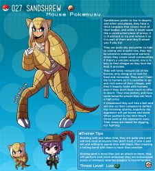 1boy 1girl artist_name blonde_hair blue_eyes brown_eyes character_profile claws commentary creatures_(company) english_commentary english_text game_freak gen_1_pokemon highres kinkymation nintendo personification poke_ball pokemon profile purple_hair sandshrew sweatdrop tail tan