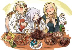 4girls biting black_shirt blonde_hair blush braid bread breasts burger chewing chips_(food) closed_eyes commentary condensation crossover cup dessert drink drinking_straw dungeon_meshi ear_blush eating edomae_elf eldali_ilma_fanomenel elf elf-san_wa_yaserarenai. elfuda_(elf-san_wa_yaserarenai.) female_focus flower food food_on_face fork french_fries frieren gelatin grey_hair gym_uniform hair_flower hair_ornament hair_ribbon highres holding holding_burger holding_cup holding_food holding_fork holding_knife holding_pizza holding_utensil ice_cream kitchen_knife knife large_breasts long_hair long_sleeves macaron marcille_donato momo_no_suidou-sui multiple_girls parted_bangs pizza pizza_slice plate pointy_ears potato_chips red_ribbon ribbon robe shirt short_hair short_sleeves smile soup sousou_no_frieren steak sweatdrop table trait_connection twin_braids twintails white_background white_robe white_shirt wide_sleeves