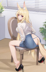1girl absurdres animal_ear_fluff animal_ears artist_name ass ass_cutout black_footwear blonde_hair blue_skirt breasts butt_crack chair chinese_commentary clothing_cutout colored_shoe_soles commentary_request feet flower_pot fox_ears fox_girl fox_tail heel_pop high_heels highres indoors large_breasts light_smile long_hair long_sleeves looking_at_viewer no_panties on_chair original parted_lips plant potted_plant pumps purple_eyes shadow shirt sitting sitting_backwards skirt soles solo tail teeth turning_head very_long_hair white_shirt window_blinds xnnagu