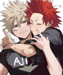 2boys :t absurdres arms_around_neck bakugou_katsuki black_shirt blonde_hair boku_no_hero_academia cheek_poking closed_eyes closed_mouth commentary depisx facial_scar hair_between_eyes hashtag-only_commentary highres kirishima_eijiro male_focus multiple_boys poking print_shirt red_eyes red_hair scar scar_on_cheek scar_on_face shirt short_hair short_sleeves simple_background spiked_hair t-shirt upper_body white_background yaoi