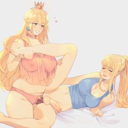 1futa 1girl :d anal blonde_hair blush breasts choker closed_eyes cowboy_shot dildo futa_with_female futanari futasub grin highres large_breasts long_hair lying mario_(series) medium_breasts metroid navel nintendo nose_blush on_side open_mouth penis pink_choker plump ponytail princess_peach roarke_(lavenderincubus) samus_aran sex_toy smile spread_legs strap-on super_smash_bros. tank_top testicles uncensored