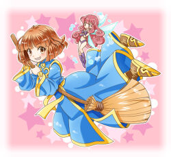 2girls bikini bob_cut boots bracelet broom broom_riding cotton_(character) cotton_(game) fairy fairy_wings flying full_body gold_bracelet highres kamidou_arashi long_hair multiple_girls pink_eyes red_eyes red_hair short_hair silk_(cotton) star_(symbol) swimsuit wings