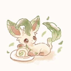 Rule 34 | brown eyes, cake, commentary, food, gen 4 pokemon, highres, leafeon, looking to the side, mofucoffee, nintendo, no humans, plate, pokemon, pokemon (creature), solo, swiss roll, symbol-only commentary