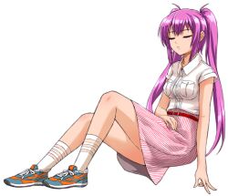Rule 34 | 1girl, beatmania iidx, bemani, breasts, closed eyes, full body, goli matsumoto, hair between eyes, long hair, medium breasts, mizushiro celica, non-web source, official art, open mouth, pink eyes, pink hair, shoes, sidelocks, skirt, sleeping, sneakers, solo, twintails