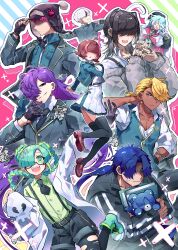 1girl 6+boys :d :o :| ^_^ absurdres ahoge aizawa_haru_(mekakare) androgynous animal_hands ankle_boots antenna_hair aqua_boots aqua_eyes aqua_hair aqua_jacket aqua_pants aqua_skirt aqua_vest arm_at_side arm_up azamuki_shigure barbell_piercing beard_stubble belt belt_buckle beret black-framed_eyewear black_belt black_coat black_eyes black_gloves black_hair black_hat black_jacket black_nails black_necktie black_pants black_pantyhose black_ribbon black_shorts black_thighhighs blazer blonde_hair blue_background blue_hair blue_jacket blue_pants blunt_bangs blush book boots bracelet braid braided_bun braided_ponytail breasts broken_heart_print brown_hair brown_sash brown_shoes buckle butterfly_brooch butterfly_hair_ornament charm_snowel checkered_hat checkered_necktie chest_tattoo chullo clipboard closed_eyes closed_mouth coat collar_chain_(jewelry) collarbone collared_shirt colored_eyelashes covered_eyes cowboy_shot curtained_hair dark-skinned_male dark_skin double_bun dress_shirt ear_piercing earrings empty_eyes expressionless eyeshadow eyeshadow_under_eye facial_hair facing_viewer fangs feet_out_of_frame finger_tattoo fingerless_gloves fish_skeleton_hair_ornament foot_out_of_frame forked_eyebrows from_behind from_side fuji_den_fujiko full_body ghost_pose glasses gloved_sleeves gloves green_background green_boots green_eyes green_hair green_shirt grey_hair grey_shirt grey_shoes grey_sweater grin hair_behind_ear hair_bun hair_intakes hair_ornament hair_over_eyes hair_over_one_eye hair_over_shoulder half-closed_eyes half_gloves hanare_shimaki hand_in_pocket hand_on_headwear hand_on_own_chest hand_on_own_chin hand_on_own_hip hand_on_own_neck hand_tattoo hand_up hands_up hat hat_bell highres holding holding_book holding_clipboard holding_stuffed_toy honeycomb_earrings hood hood_down hooded_coat hugging_object interlocked_fingers irogae_mizore jacket jacket_on_shoulders jewelry kubari_donzaburo lab_coat lace-up_boots lapel_pin lapels large_breasts layered_skirt leaning_forward light_blush loafers long_coat long_hair long_sleeves looking_at_viewer looking_back looking_to_the_side low_ponytail makeup medium_hair mekakare miniskirt mole mole_on_collarbone monocle multicolored_boots multicolored_hair multiple_boys nail_polish neck_piercing neck_ribbon necktie nervous notched_lapels off-shoulder_sweater off_shoulder official_art one_eye_covered open_clothes open_coat open_collar open_hand open_jacket open_mouth outline outstretched_arm own_hands_together pankou pants pants_rolled_up pantyhose parted_bangs parted_lips paw_gloves paw_print pectoral_cleavage pectorals petite piercing pigeon-toed pink_background pink_hair pink_jacket pleated_skirt polo_shirt pom_pom_hat_ornament ponytail popped_collar profile promotional_art purple_eyeshadow purple_hair ribbon saejima_raime sanpaku school_uniform semi-rimless_eyewear shaded_face sharp_teeth shirt shirt_tucked_in shoe_soles shoes short_bangs short_hair short_necktie short_ponytail short_shorts shorts side_part sidelocks sideways_glance single_earring single_off_shoulder skirt sleeves_rolled_up slouching smile smirk sparkle spike_piercing standing standing_on_one_leg streaked_hair striped_background strongman_waist stubble stuffed_animal stuffed_toy suspenders sweatdrop sweater tattoo teddy_bear teeth thick_eyebrows thighhighs torn_clothes torn_coat torn_pantyhose track_jacket tsumuribe_kiriwo tsurime turtleneck turtleneck_shirt two-sided_fabric two-sided_jacket two-tone_boots two-tone_hair under-rim_eyewear untucked_shirt upper_body utagai_nijisuke v v-shaped_eyebrows very_long_hair vest wavy_mouth white_coat white_gloves white_hair white_jacket white_necktie white_outline white_shirt white_skirt wrinkled_skin wristband yellow_lips zipper