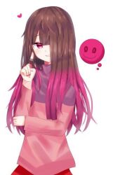 akumu_(glitchtale) bete_noire brown_hair clothes glitchtale long_hair pink_eyes pink_hair pink_heart pink_shirt purple_shirt shirt skirt smile undertale white_background