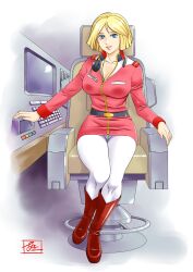 1girl belt blonde_hair blue_eyes boots breasts brown_boots chair cleavage commentary_request full_body gundam highres knee_boots large_breasts lips long_sleeves looking_at_viewer military_uniform mobile_suit_gundam niina_akihiko pants pants_tucked_in pantyhose parted_lips sayla_mass short_hair sitting smile solo white_pants white_pantyhose